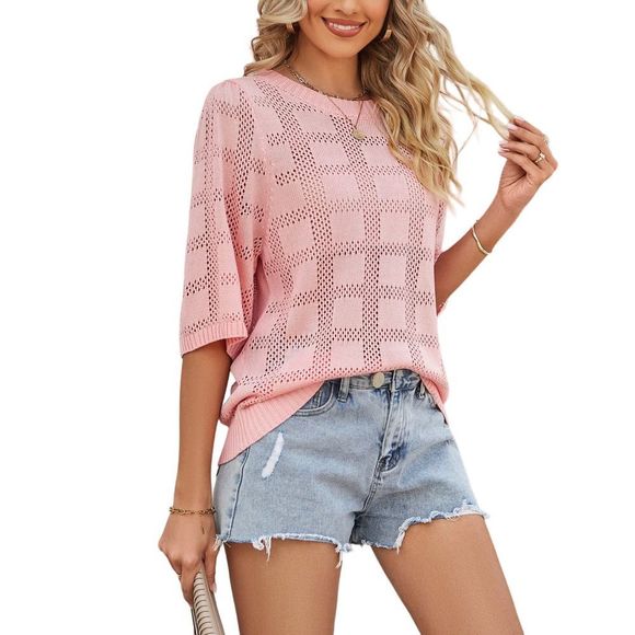 C.CLINE Pink Square Openwork Half Sleeve Hi Low Top Size L - Picture 3 of 6